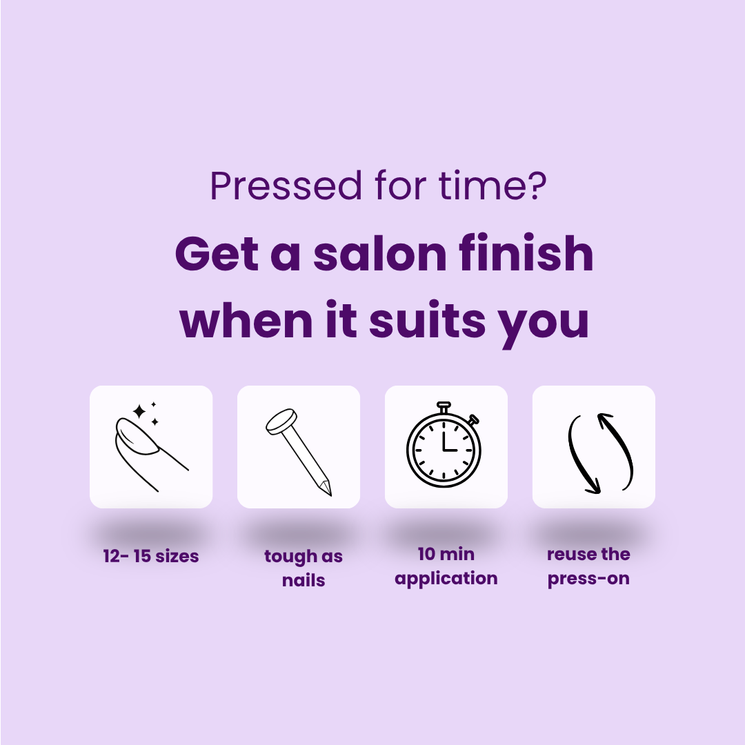 Promotional graphic on a light lavender background with purple text reading 'Pressed for time? Get a salon finish when it suits you' and four white feature icons with labels for nail size, durability, application time, and reusability.